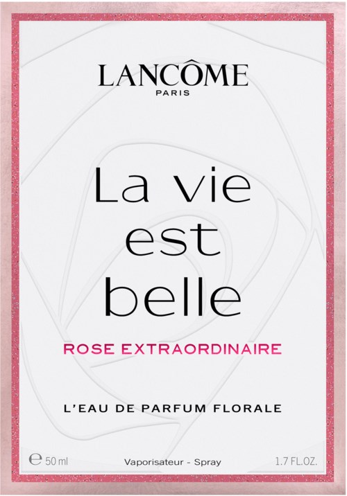 Lancome dufteske med rosa kant, med teksten 'La vie est belle', 'Rose Extraordinaire' og produktdetaljer.