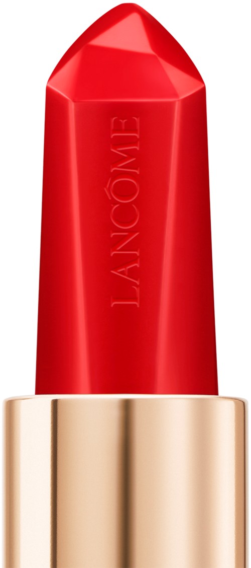 En röd läppstift i ett guldfärgat skal med varumärket "Lancôme" ingraverat.