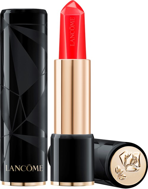 Lancôme leppestift med rød farge, gullrør, og svart mønstrede eske.