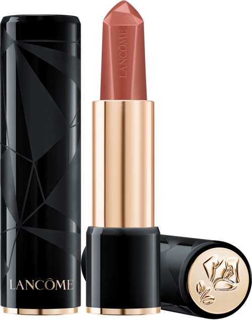 Lancôme leppestift i lys rosa, gull- og svart innpakning, med en dekorativ gulltop.