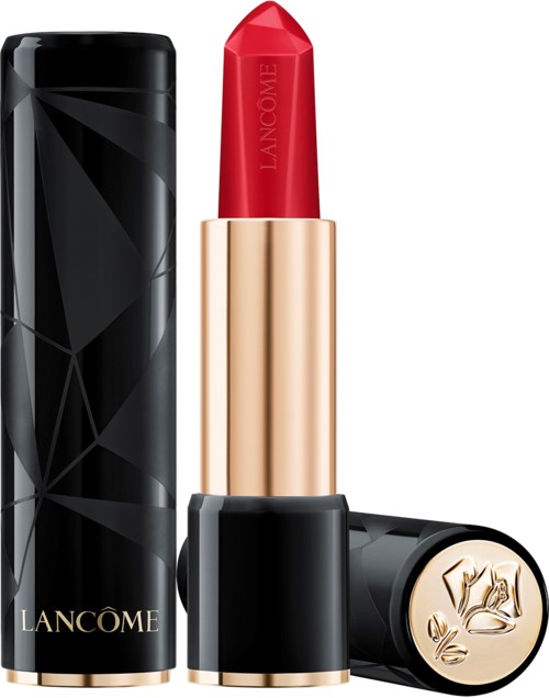 Lancôme leppestift med rød farge, gullbase, og svart tilfelle med geometrisk design.