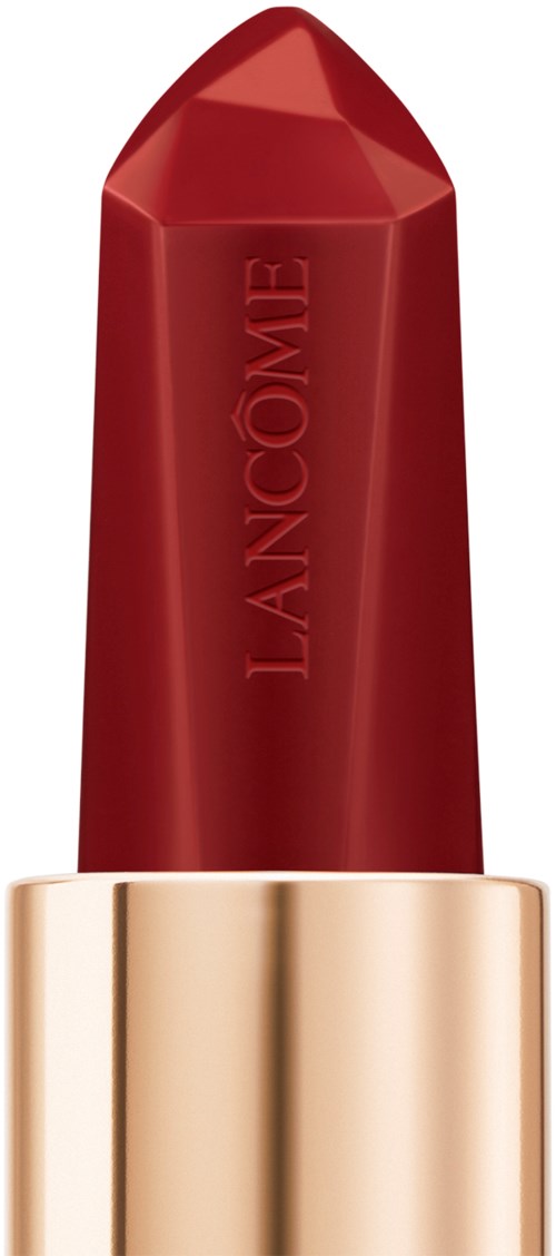 Rødt leppeestift med gullhette og merket 'LANCÔME' på leppeestiften.