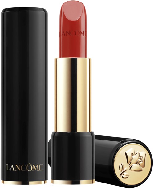 A red lipstick with a gold tube and black cap, branded "LANCOME."