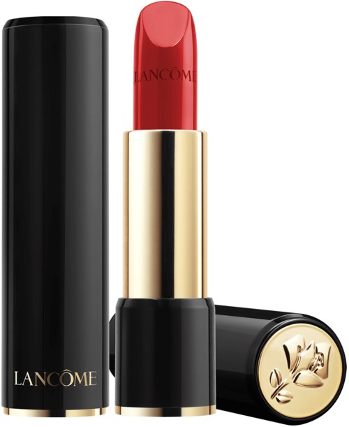 A red lipstick in a sleek black and gold case, with the cap removed showing the lipstick inside.