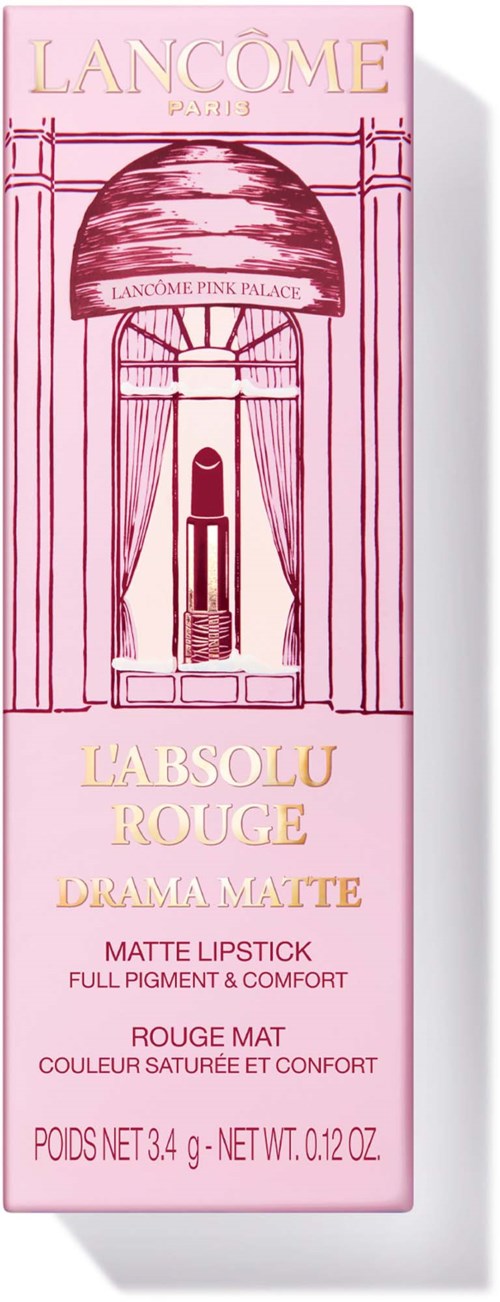 Rosa förpackning med läppstiftbild, Lancôme-logga upptill och produktnamn La Rouge Drama Matte.