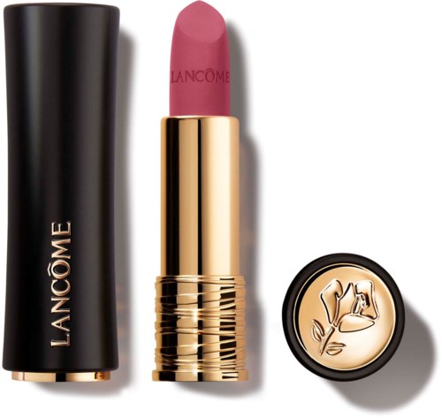 Ett rosa läppstift i ett guldhölje, med svart lock och ett guldemblemlock, alla märkta Lancôme.