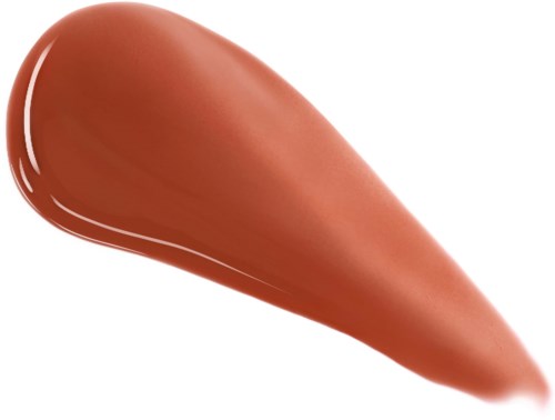 Glad, perzikkleurige lippenstiftstreep op witte achtergrond.