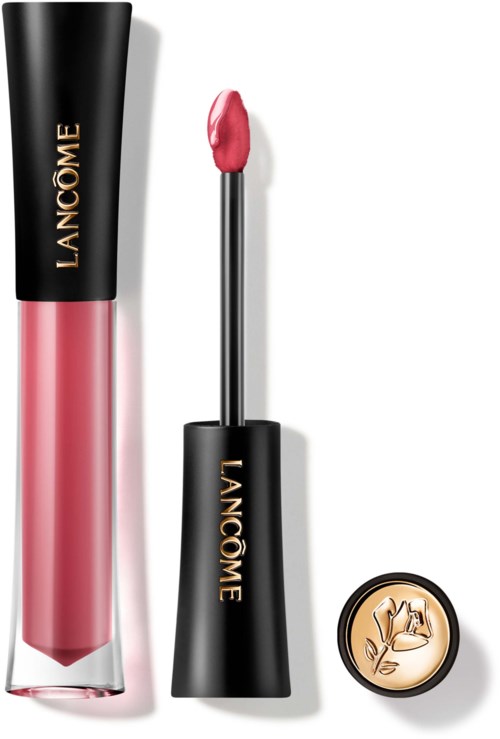 Een roze lipglossfles, een applicator met roze gloss en een goudzwarte lippenstiftlogo.