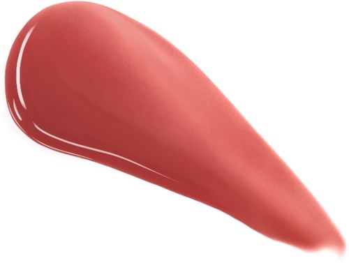 Een stukje roze lippenstift met een romige textuur op een witte achtergrond.