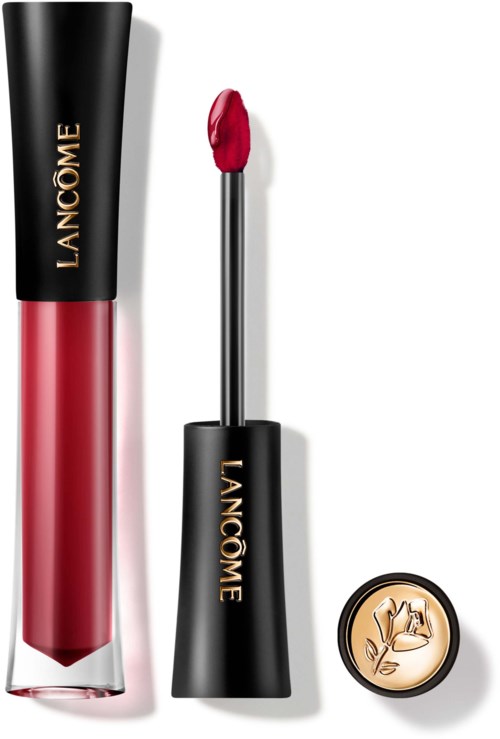 Lancôme lippenstift in een zwart doosje, met een rode lipkleurstaal en een goudkleurige bloemillustratie container.
