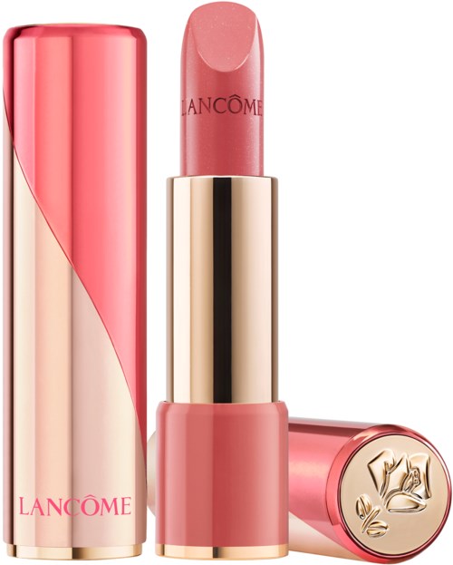 En rosa läppstift i ett glänsande guldhölje med märket Lancôme; en är öppen, visar läppstiftet.