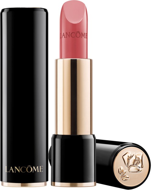 A lipstick with a black and gold case, pink lipstick, and a gold emblem on the cap.