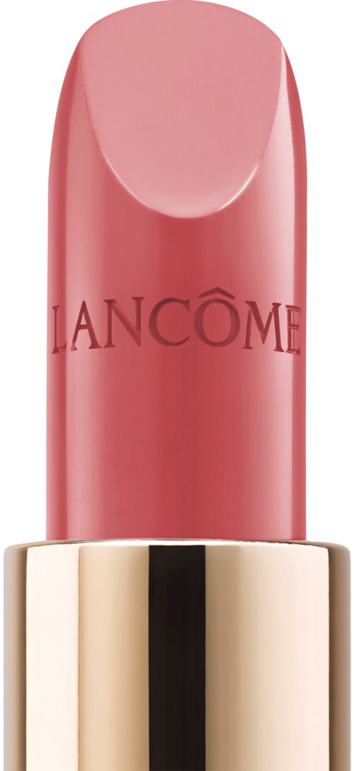 A pink lipstick with a gold and black case, with 'Lancôme' written on the lipstick.