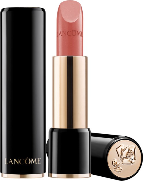 A pink lipstick with a gold and black case, standing upright with the cap beside it.