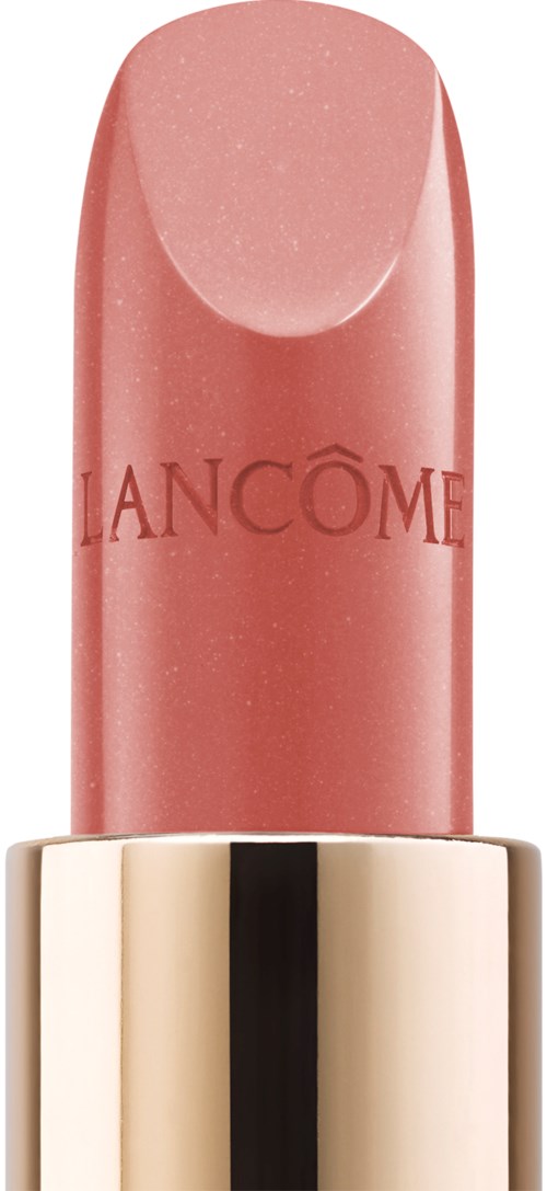 A pink lipstick with a shiny surface and gold and black base. The brand name 'Lancôme' is on the lipstick.