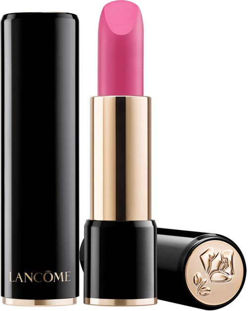 A pink lipstick in a black and gold tube with the brand name Lancome on the case.
