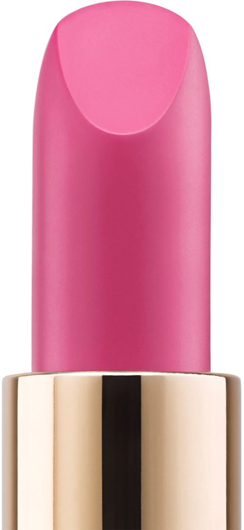 A pink lipstick with a shiny gold and black casing.