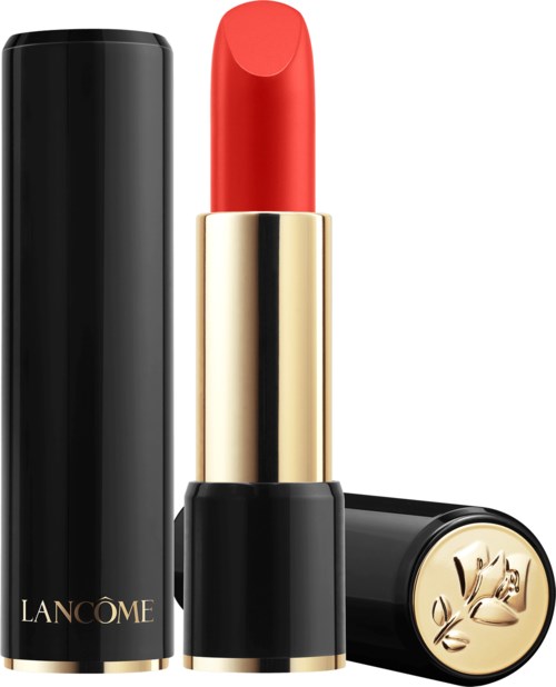 A red lipstick in a black and gold tube, with the cap off showing the lipstick. The brand looks to be Lancome.