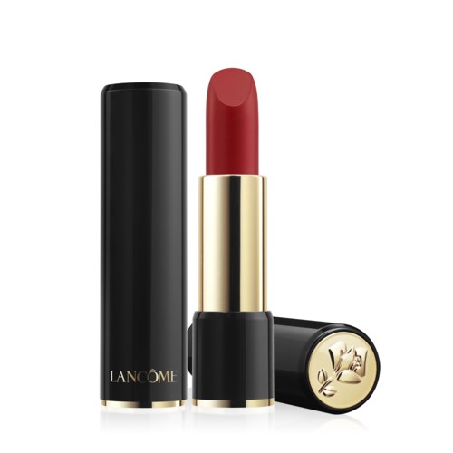 A red lipstick with a gold and black case standing upright and another lying down.