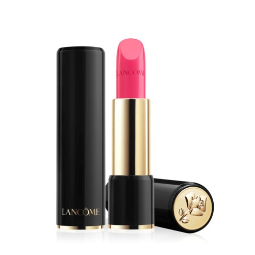 A pink lipstick in a gold and black case, with the cap off showing the lipstick. The case has a logo.