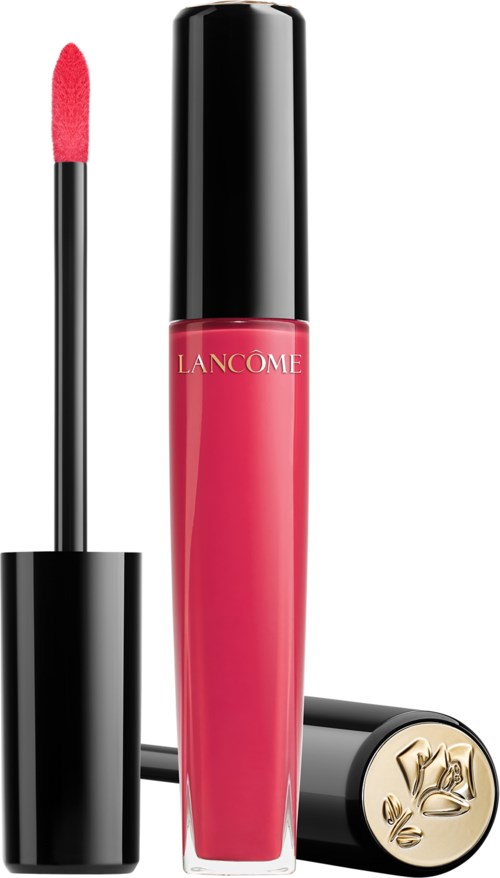 Een tube met roze lipgloss met zwarte dop en Applicator, gelabeld LANCOME.