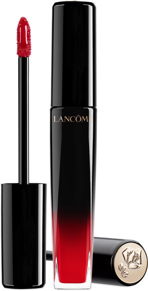A black and red lipstick tube with a wand applicator and a gold cap.