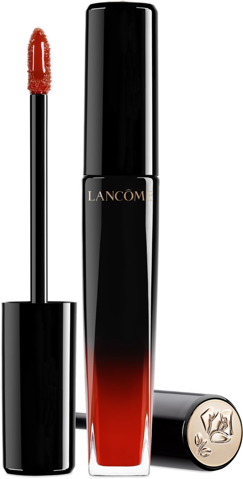 A black and red lipstick tube with the Lanc ;me brand, the cap off showing the red lipstick inside.