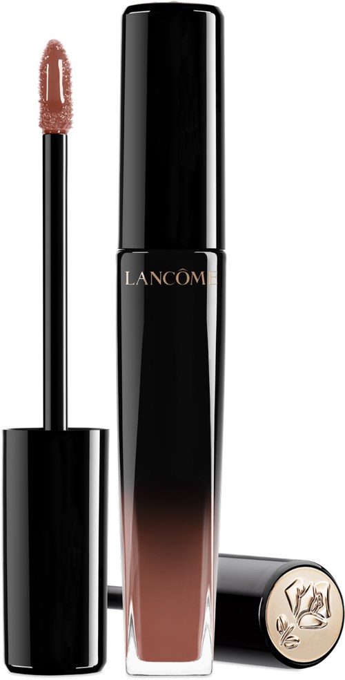 Lancôme läppglans med svart och beige övergångsflaska, applicator med beige färg, och guldlock.
