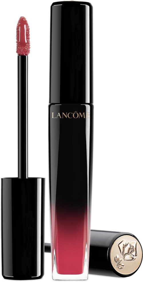 En svart och rosa tub av Lanc f4me-l e5s lipstick med en applikator och en guldig lock.