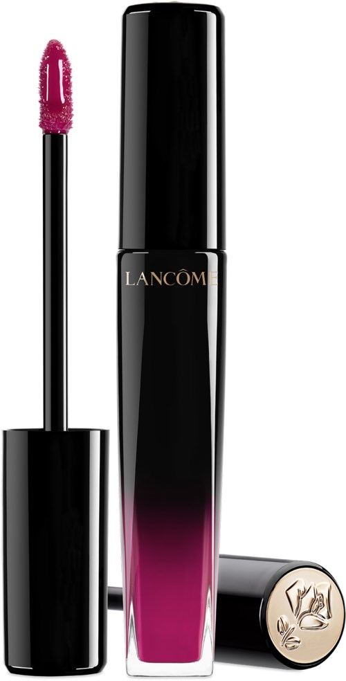 En svart och rosa läppstiftsrör med varumärket Lanc 4com, lock och flytande läppstiftstillbeh 5g.
