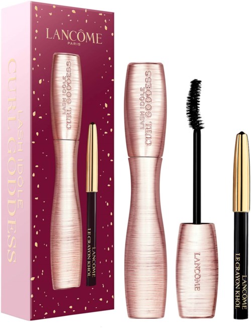Lancôme mascara och eyeliner-set med rosa förpackning och gulddetaljer, inklusive en mascara med applicatorborste.
