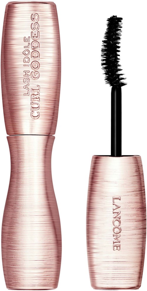 Een mascara-flacon met een gebogen vorm, roze kleur, het merk LASH IDOLS en een zwarte mascara-kwast.