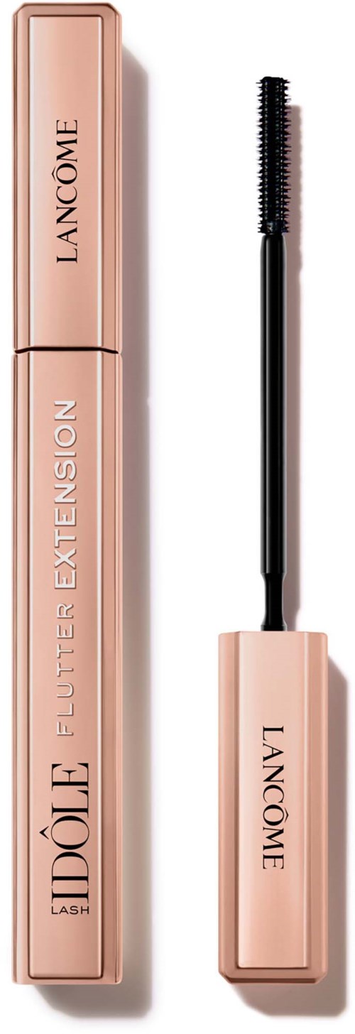 A mascara tube with a wand, labeled Lancome Lash Idole Flutter Extension in pink packaging.