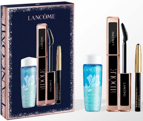 Lancôme Make-up-Set mit Mascara, Eyeliner und Hautpflegeflasche in einer Packung.