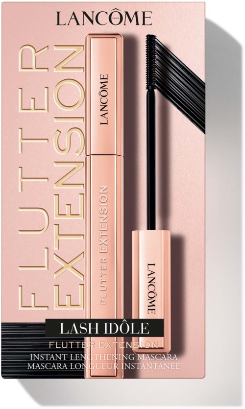 Różowe opakowanie zawiera tusz do rzęs i zakrzywioną szczoteczkę z czarną tuszem. Marka to Lancôme, nazywana Lash Idôle.