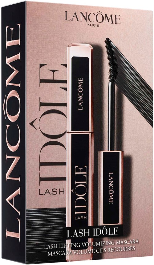 Lash lifting mascara eske med to svarte mascarastenger og en mascarabørste. Rosa og svart på emballasjen.