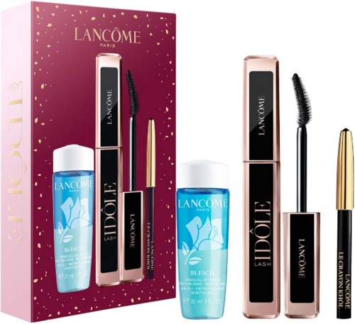 Lancôme Lash Idôle mascaraset med blå Bi-Face-rengöring, guld- och svartmascara och guld Eyéprimer.