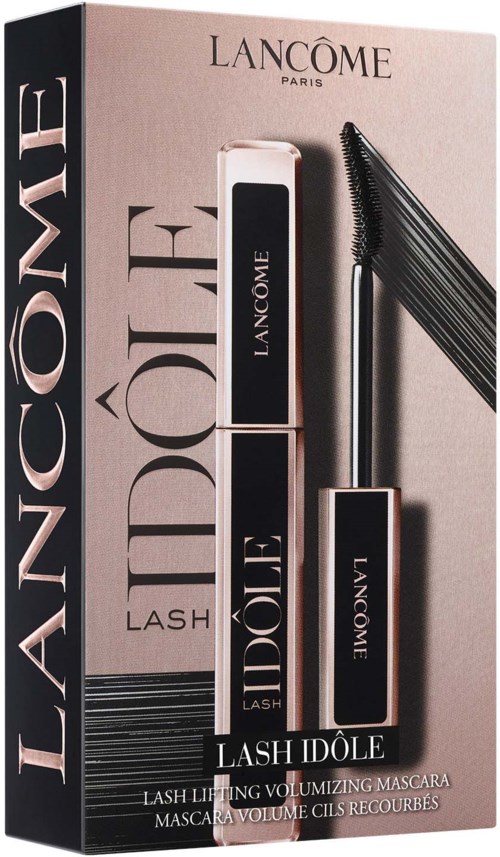 Lash liftande mascara från Lancôme i rosa förpackning, med en mascaraborste och två tuber mascara.