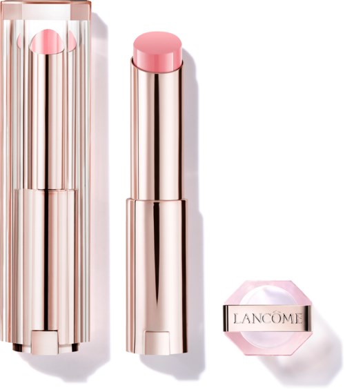 A pink lipstick in a shiny, rose gold tube with a matching box labeled 'Lanc7ne' on a white background.