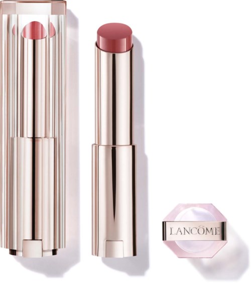 Lancôme lipstick with a pink shade and shiny silver packaging, shown with the cap removed.