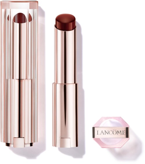 A lipstick and its case with a Lancôme logo, both in shiny, metallic pink and rose gold colors.