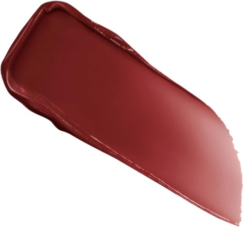 A curved, red lipstick swatch with a shiny, smooth surface and pointed edges.