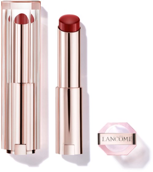 A pink lipstick with a shiny case, placed next to its box with brand name Lancome.