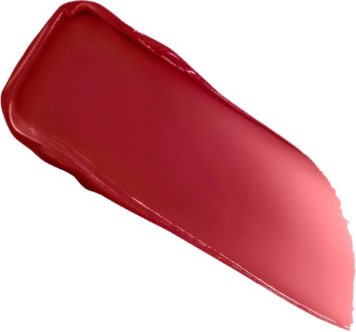 A red lipstick smear with a smooth, shiny surface and a pointed edge.