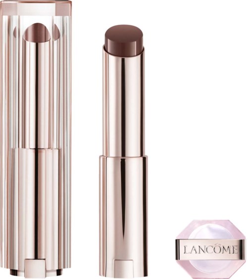 En leppestift med sølvfarget etui og brun lokk, og et Lancôme-produkt i en rosa og sølv beholder.