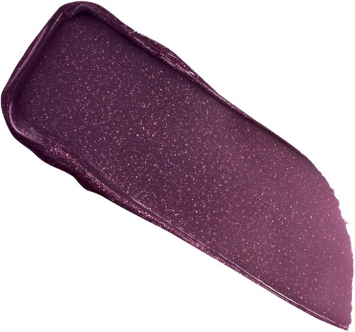 A purple makeup swatch with sparkles, shaped like a curved rectangle with a rounded end.