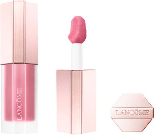 A pink lipstick with a white applicator and a matching pink compact case from Lancôme.