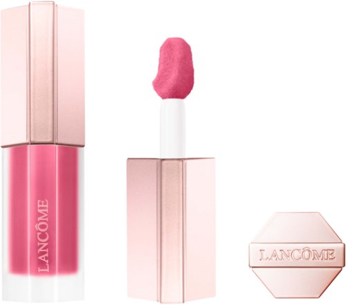 Lip gloss with pink color and a pink cap, shown with the applicator and a separate case.