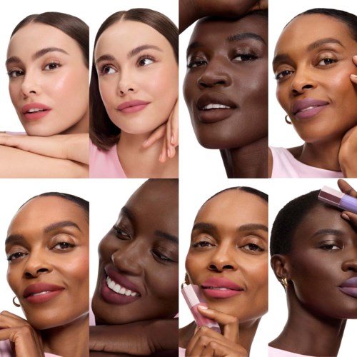 A collage of diverse women with different skin tones applying or holding lipstick and lip gloss.
