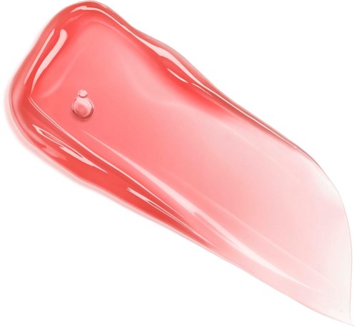 A drop of pink liquid with a shiny, smooth surface and curved shape.